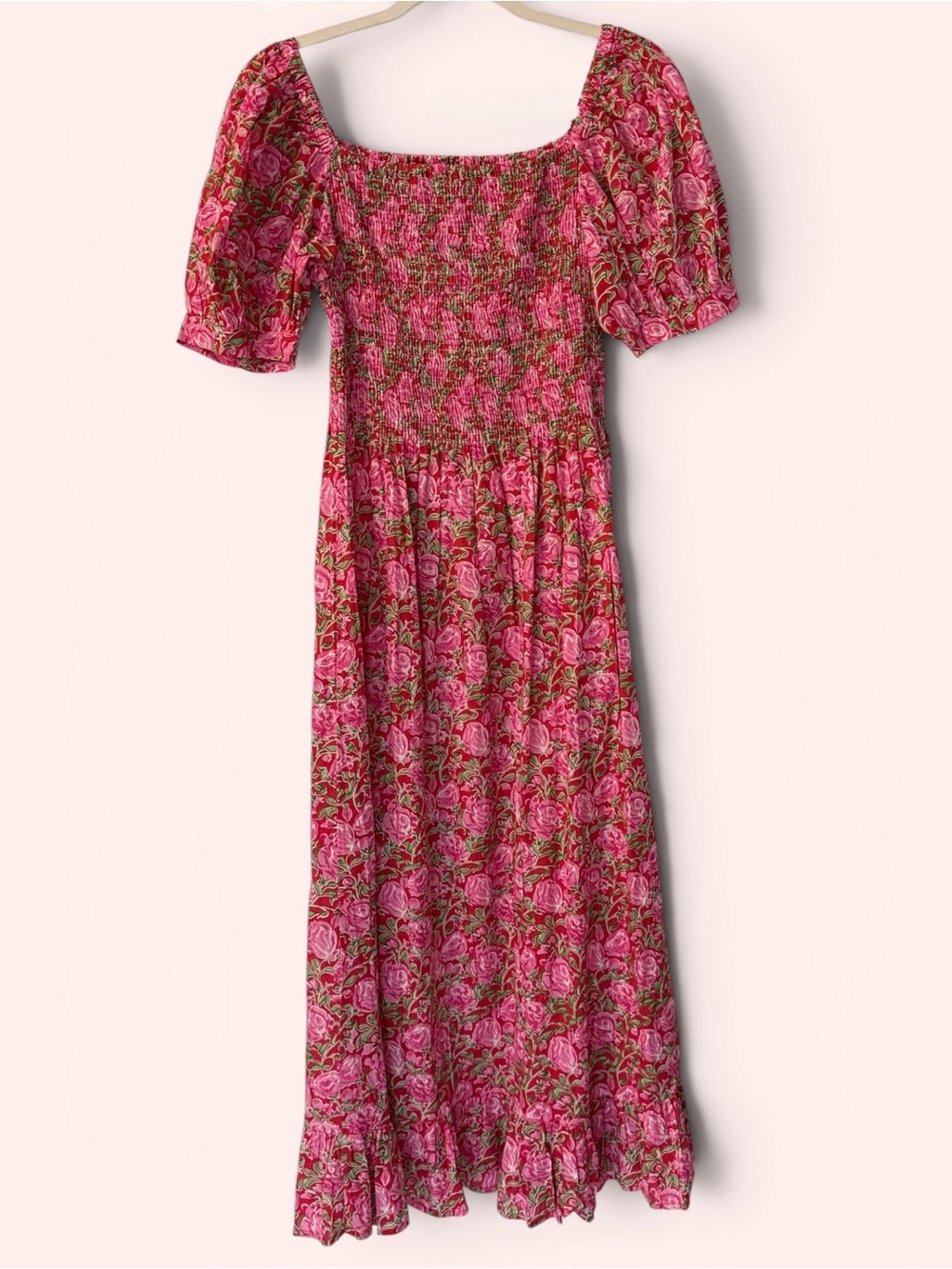 Mary Marshmallow Poppy Dress Midi Bright Pink Floral Smocked Top Puff Sleeves M